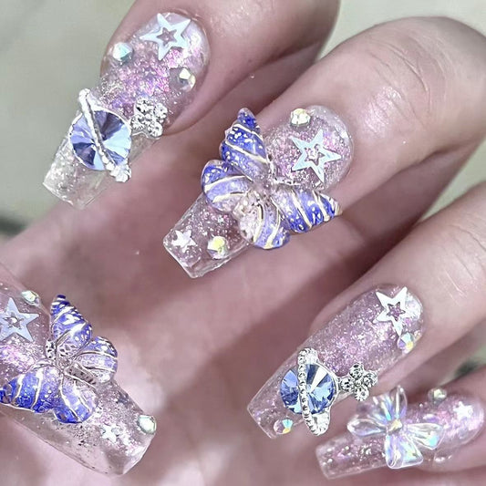 Pure handmade wear nail pink crystal butterfly handmade nail fake nail students pregnant women available nail stickers
