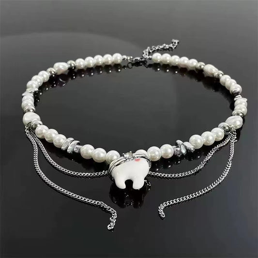 Tooth round bead mansard necklace men and women ins light luxury niche senior