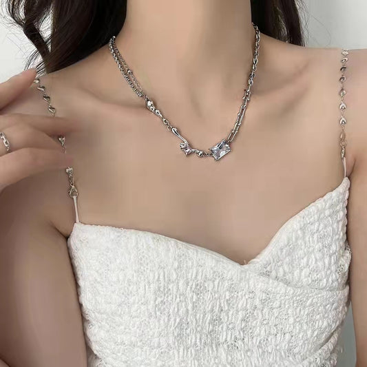 Diamond round silver collarbone chain