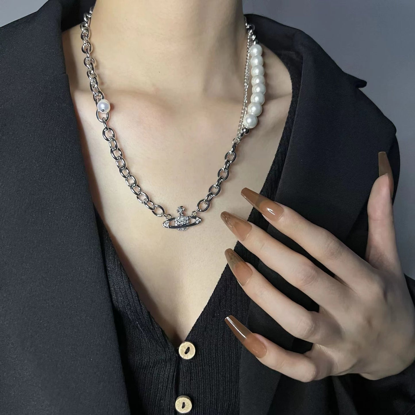 Thick chain patchwork diamond chain necklace