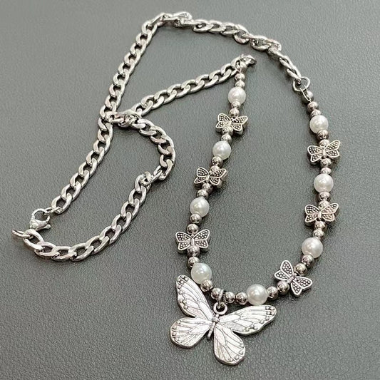 Titanium steel chain vintage pearl butterfly necklace