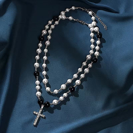 Vintage double black and white pearl necklace with diamond and zirconia cross