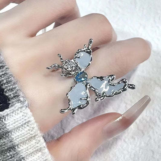 Haze blue butterfly snake ring zirconia niche design French open ring