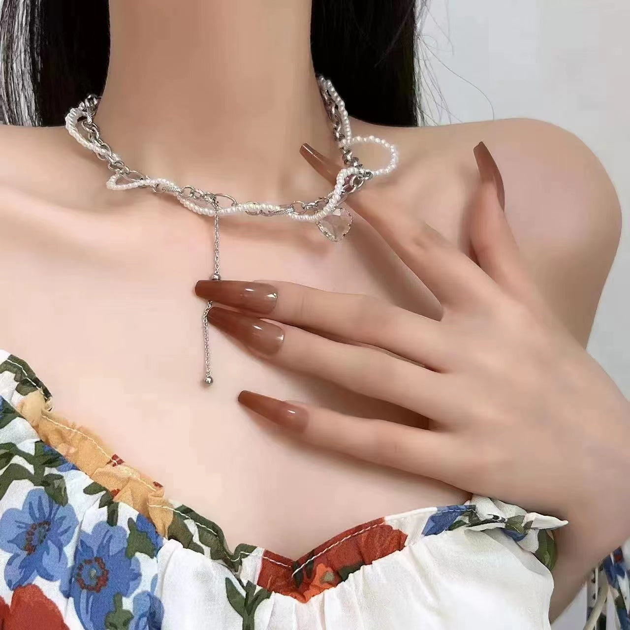 Double pearl love tassel necklace