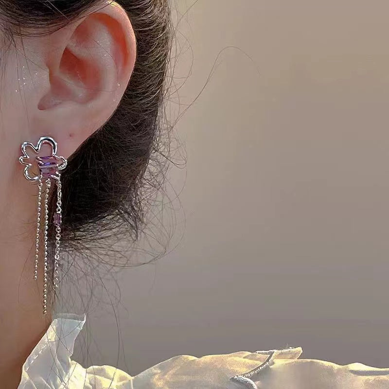 Super sweet floral earrings niche design sense cold sex wind long paragraph tassel earrings
