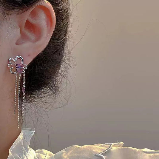 Super sweet floral earrings niche design sense cold sex wind long paragraph tassel earrings