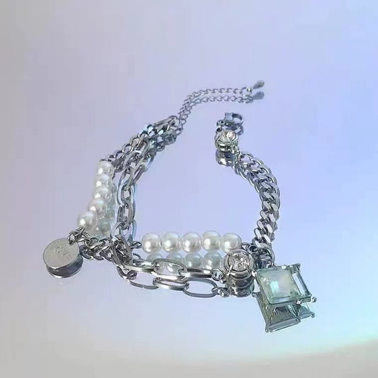 Double stacked pearl chain splicing bracelet female male ins Japanese and Korean trend light luxury niche hip-hop hand jewelry accessories