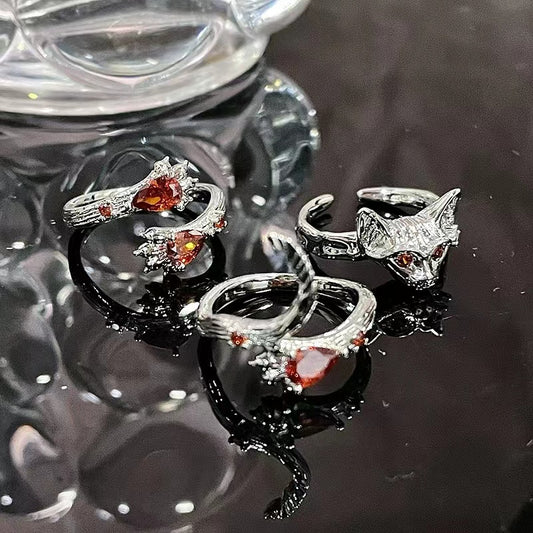 Niche design personality cold wind red zircon dark wind ring female cat claw cat tail cat open ring