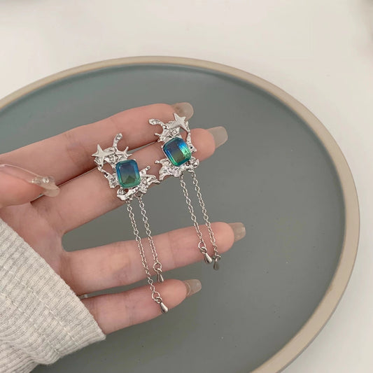 S925 silver needle temperament cold style earrings personality irregular senior sense earrings long tassel ear clips earrings