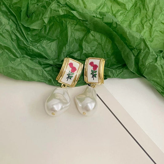Retro shaped Pearl Drop oil Rose Earrings
