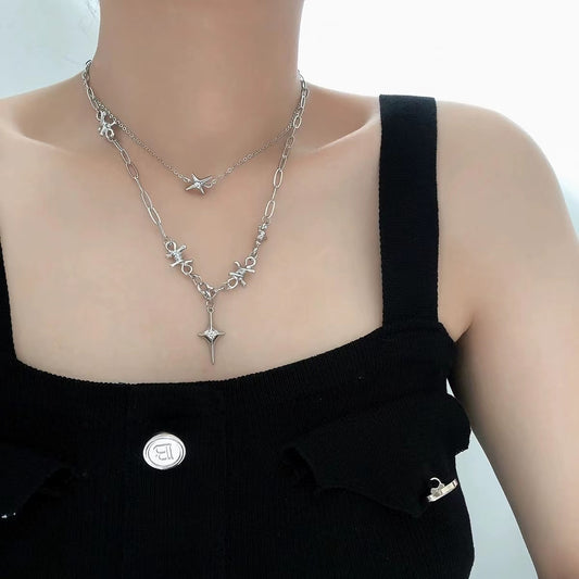 Double stacked wearing four mangoes stitching necklace female 2022 new niche design cold wind cross collarbone chain