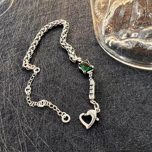 Pure white copper vintage old square emerald diamond bracelet female hollow love button head bracelet female
