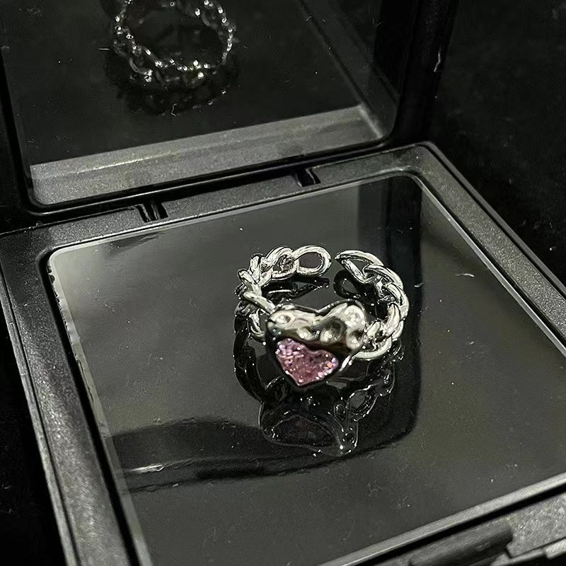 Niche design pink zirconia love necklace ins sweet cool wind earrings senior sense of cold wind open ring female
