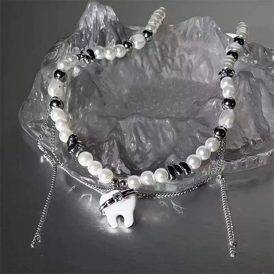 Tooth round bead mansard necklace men and women ins light luxury niche senior