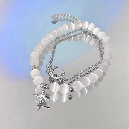Cat's eye stone and diamond star and moon couple bracelet