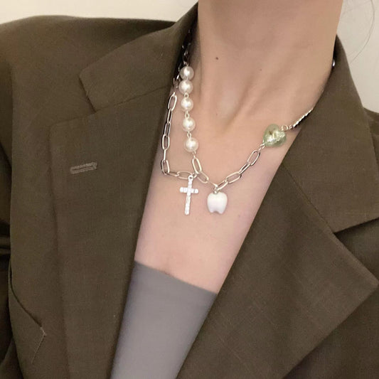 Tooth Cross Pearl Metal Necklace