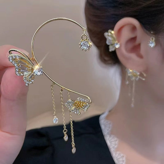Advanced sense of super flash temperament butterfly flower ear hangings female tassel no ear hole earrings jitterbug ear bone clip