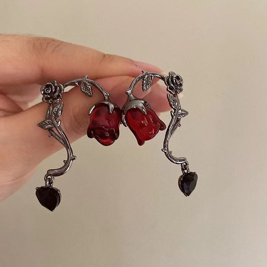 Rose Kiss Flower Twisted Heart Dangle Earrings