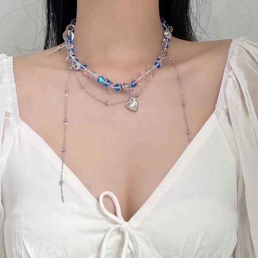 Stone blue burst crystal love planet patchwork necklace
