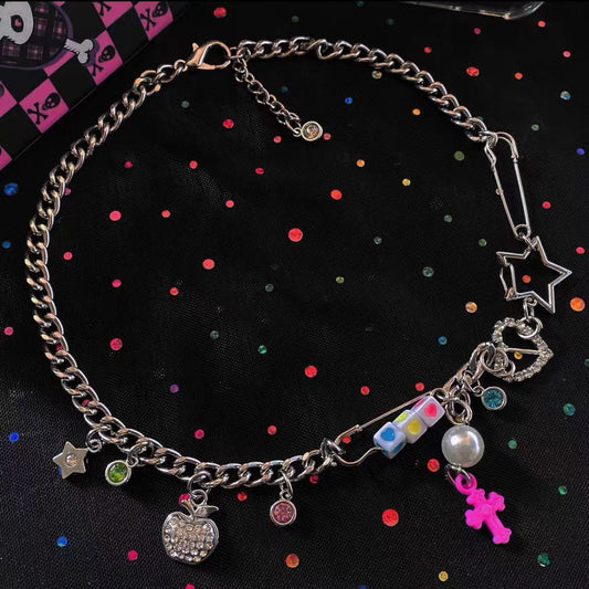 Diamond Skull Pink Stacked Necklace