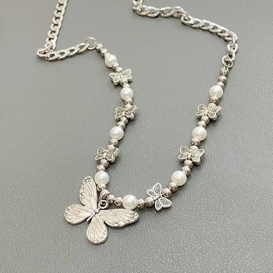 Titanium steel chain vintage pearl butterfly necklace