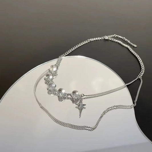 Sweet cool spicy girl light luxury transparent round beads stitching star mango necklace female niche double layer stacked wear ins hip-hop collarbone chain