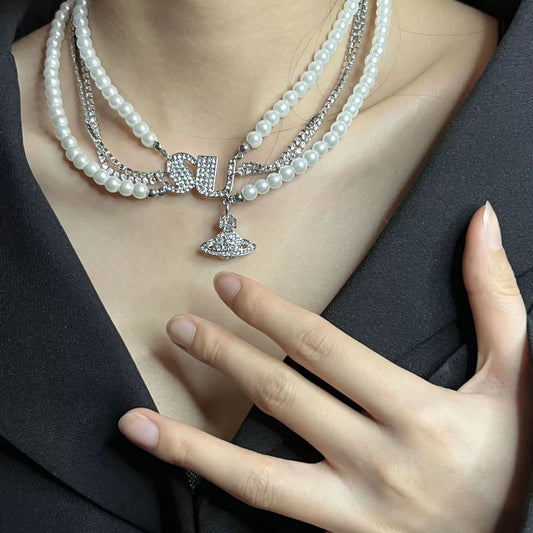 Fashionable multi-layered design sense sparkling diamonds Queen West planet pearl necklace