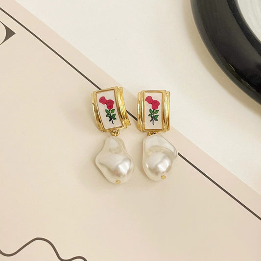 Retro shaped Pearl Drop oil Rose Earrings
