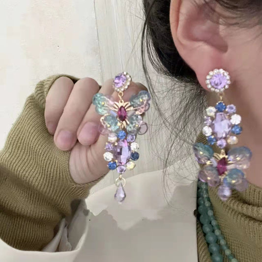 Vintage asymmetric purple flowers butterfly long earrings