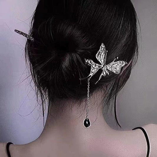 Butterfly long tassel black crystal pendant metal hairpin