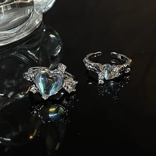 Moonstone love ring open ring with colored diamonds