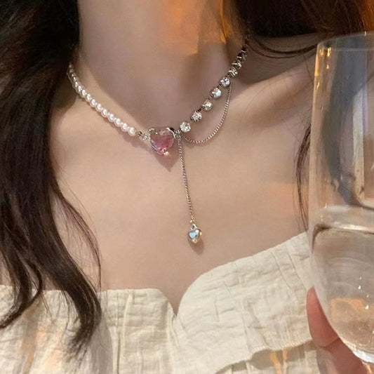 Love pearl zirconia tassel splicing necklace female summer light luxury niche design sense collarbone chain sweet cool net red accessories