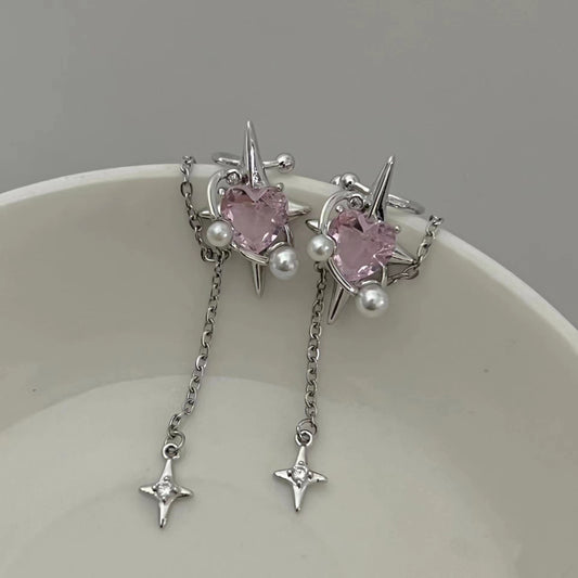 Sweet sister ear clips female sweet cool Japanese and Korean temperament love mansard powder zirconia earrings