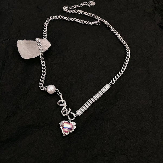 Colorful love stitching rhinestone pearl necklace female light luxury ins niche simple personality sweet cool wind collarbone chain tide