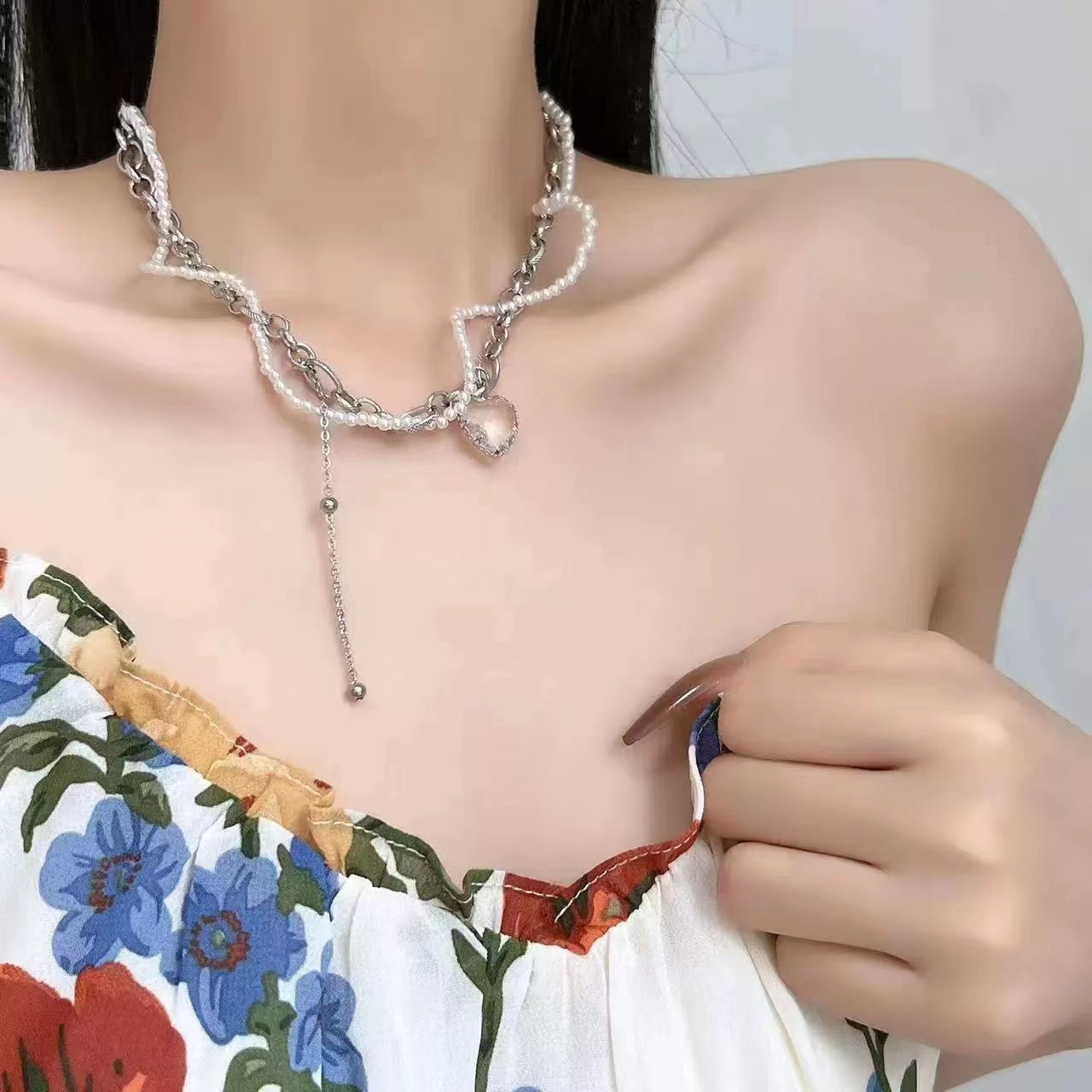 Double pearl love tassel necklace