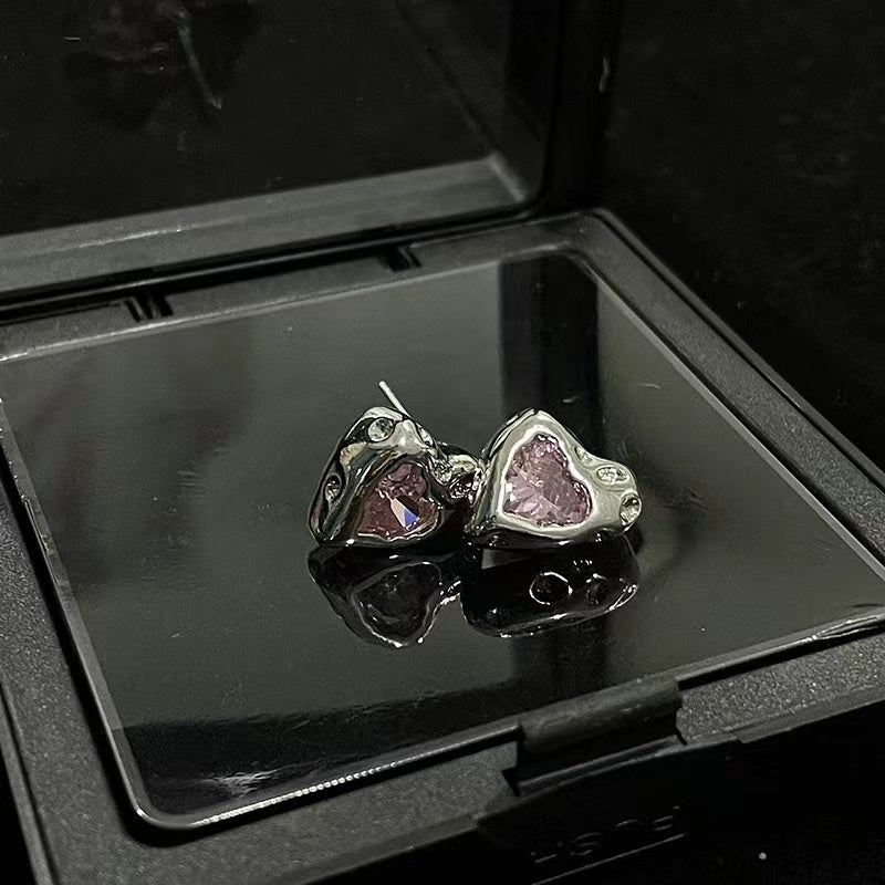 Niche design pink zirconia love necklace ins sweet cool wind earrings senior sense of cold wind open ring female