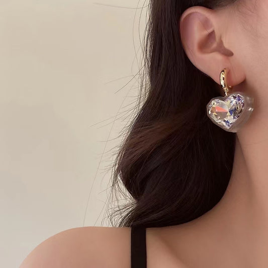 Stereo transparent love design senior sense of silver needle exaggerated earrings