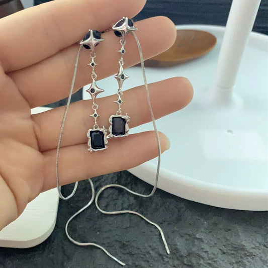 Sweet cool wind black mansard earrings female long tassel ear clips without ear holes earrings