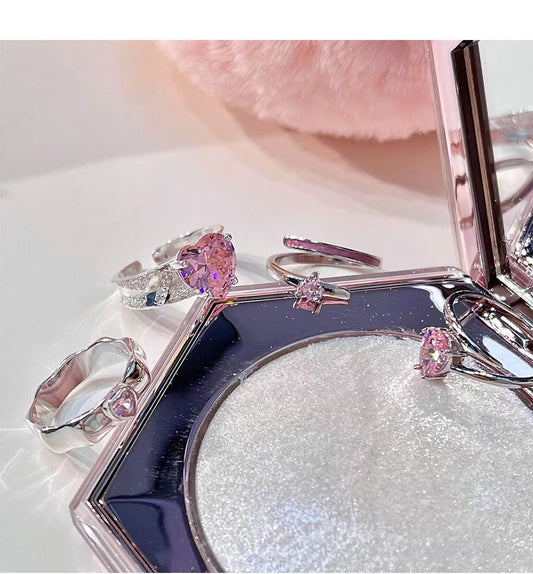 Pink heart silver ring