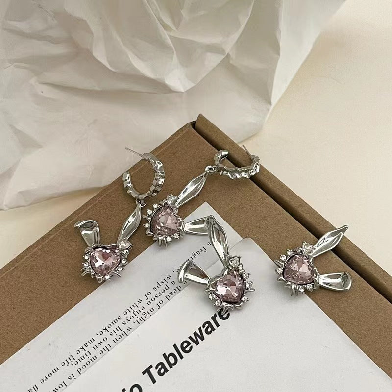 Silver needle bunny series cartoon cute love zirconia earrings earrings female with the same hairpin playful ring