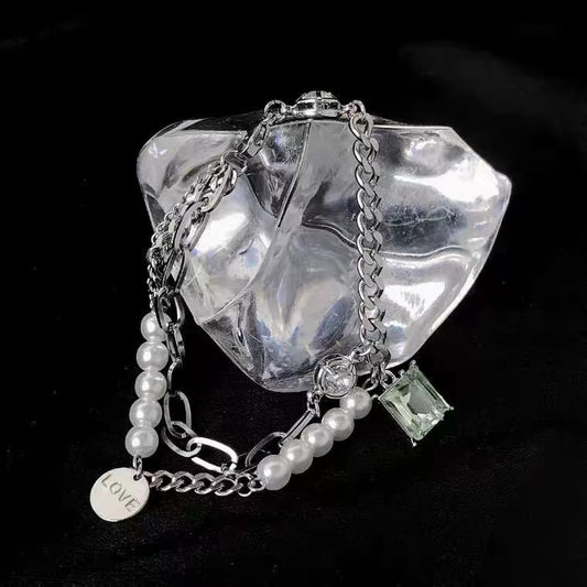 Double stacked pearl chain splicing bracelet female male ins Japanese and Korean trend light luxury niche hip-hop hand jewelry accessories