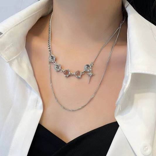 Sweet cool spicy girl light luxury transparent round beads stitching star mango necklace female niche double layer stacked wear ins hip-hop collarbone chain