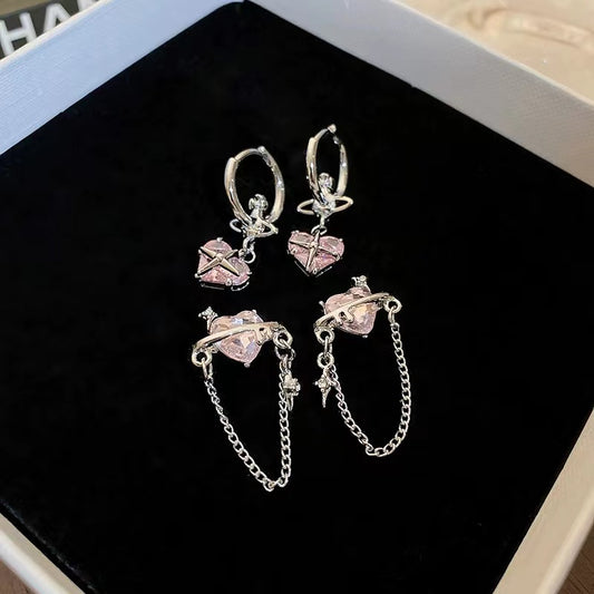 Silver pin awning star with diamond love tassel earrings niche design earrings