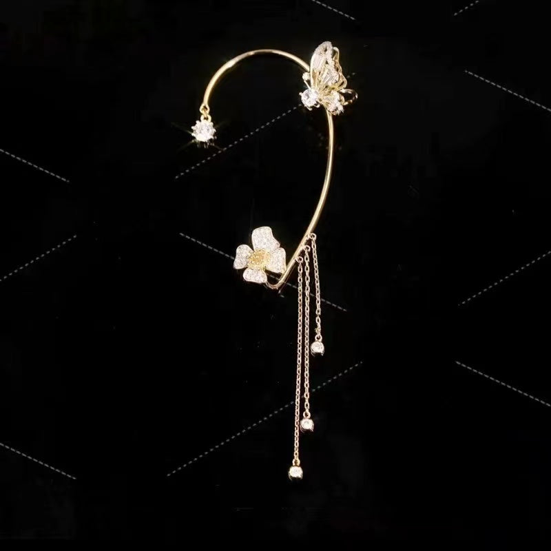 Advanced sense of super flash temperament butterfly flower ear hangings female tassel no ear hole earrings jitterbug ear bone clip