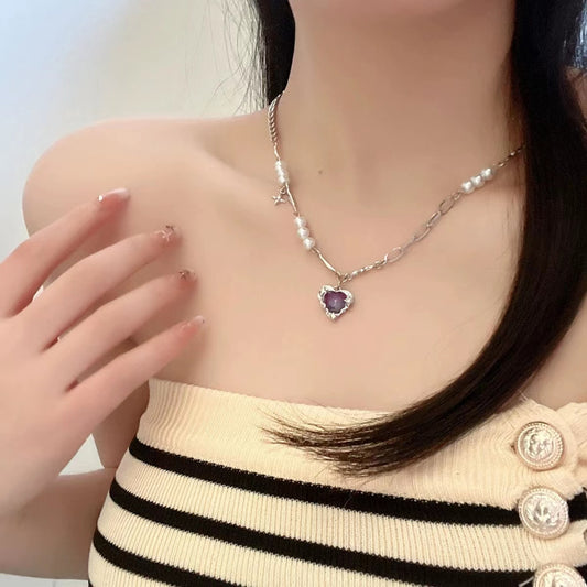 Neon colored diamond love pendant splicing pearl necklace female light luxury ins niche sweet cool wind temperament collarbone chain tide