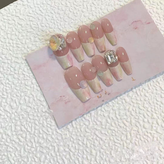 Handmade wearable French style stacked diamond gentle clean temperament style summer cream medium length nail piece