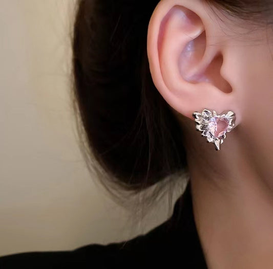 Pink zircon love Bow Earrings sweet cool Earrings
