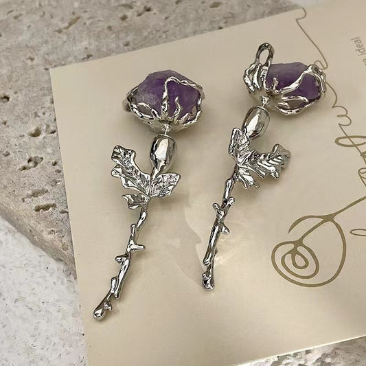 Purple imitation ore rose earrings senior sense of light luxury sweet cool rose earrings