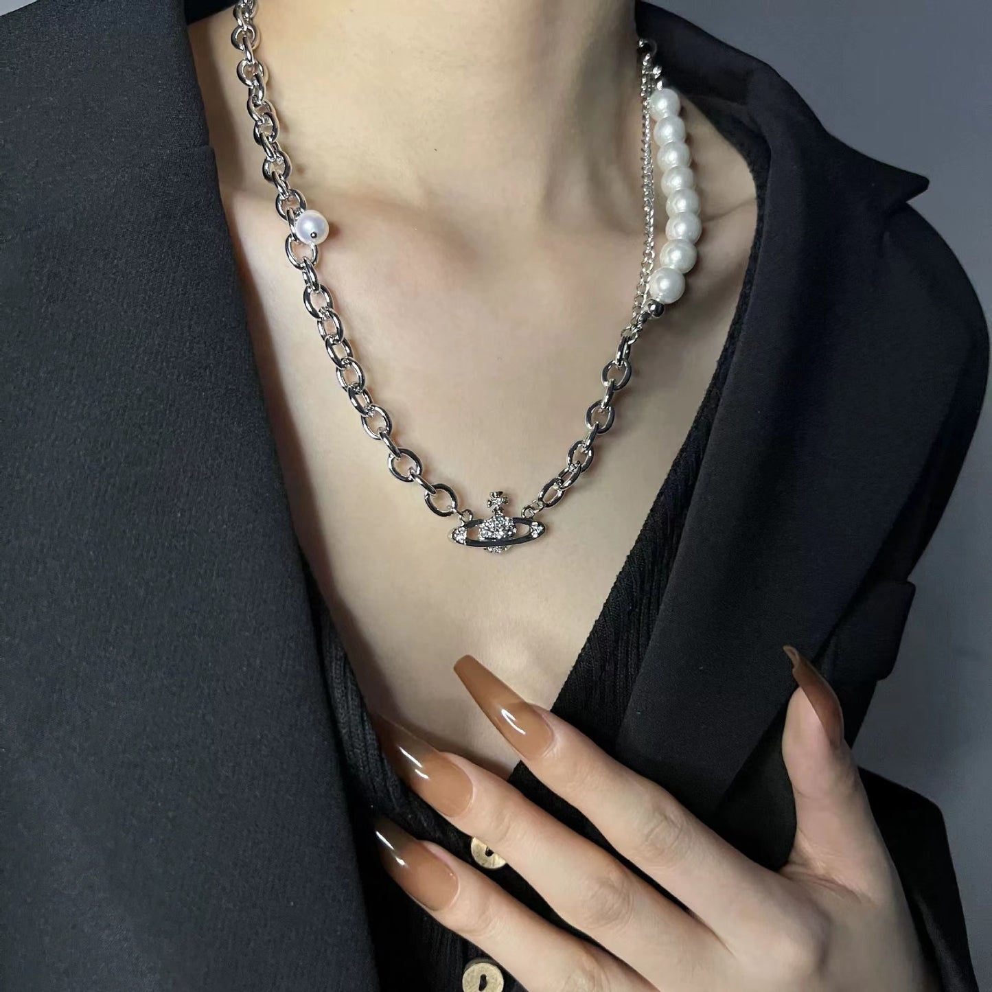 Thick chain patchwork diamond chain necklace