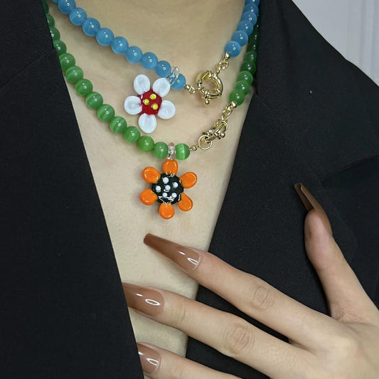 Craftworks cat's eye stone resort style handmade glass colorful flower necklace